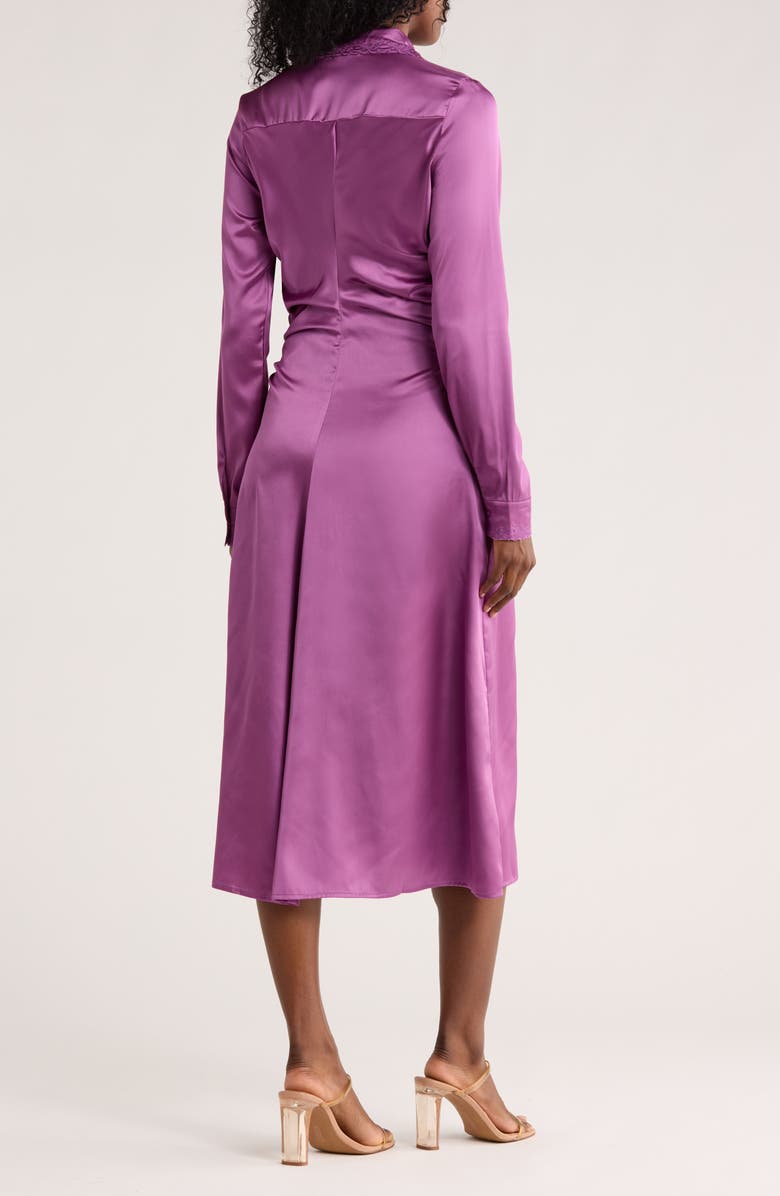 JACQUIE THE LABEL Madison Ruched Long Sleeve Satin Midi Shirtdress, Alternate, color, Plum