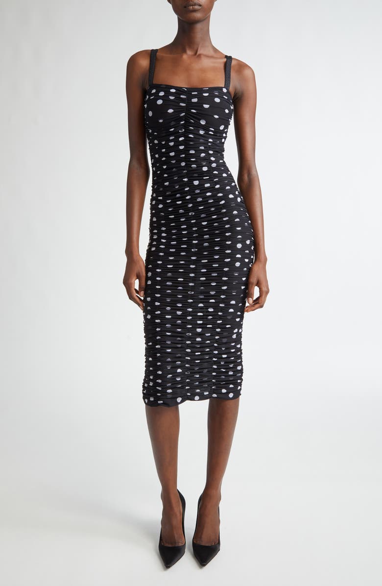 Dolce&Gabbana Polka Dot Ruched Tulle Midi Dress, Main, color, Hnzrw Pois Med 1 5 F.nero