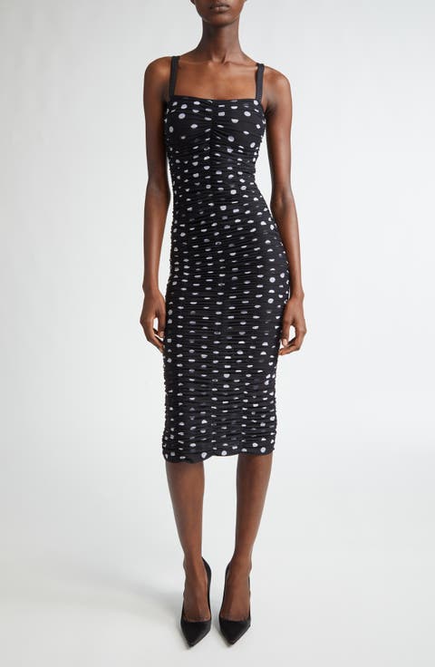 Polka Dot Ruched Tulle Midi Dress