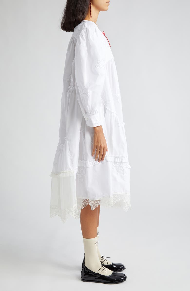 Simone Rocha Asymmetric Floral Embroidered Bow Detail Cotton Babydoll Midi Dress, Alternate, color, 