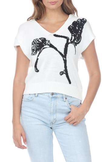 Shop Rain And Rose Floral Knit Cap Sleeve Top In White/as Is