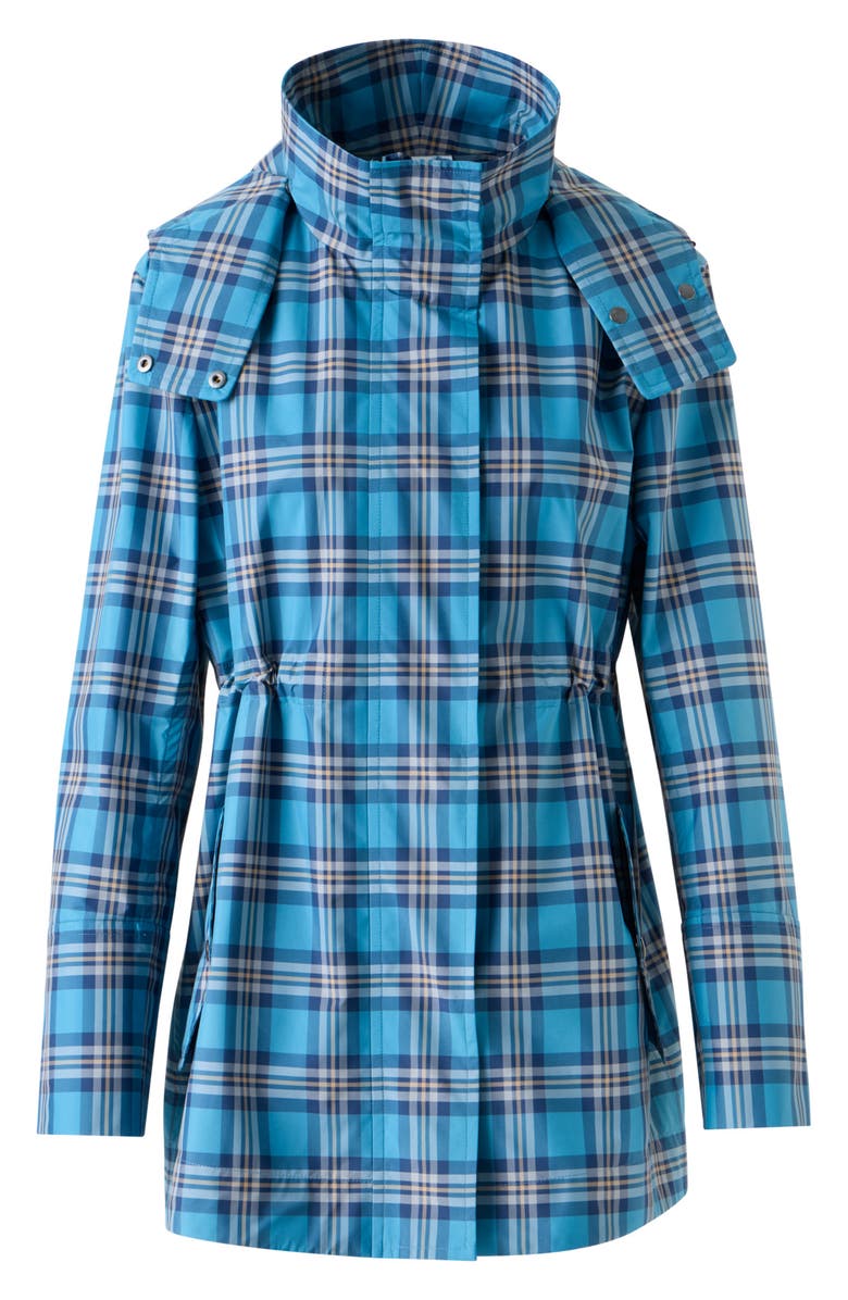 Akris punto Tartan Taffeta Hooded Coat, Alternate, color, Blue/ Beige