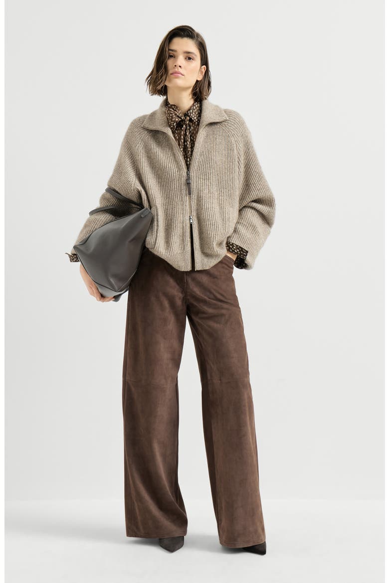 Suede baggy trousers with monili, Alternate, color, Rust Brown