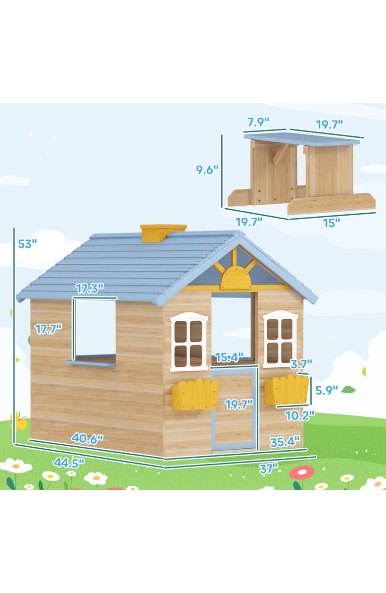 Outsunny Wooden Playhouse with Working Door, Windows, Bench, Service Station, Flower Pot Holder, Alternate, color, 