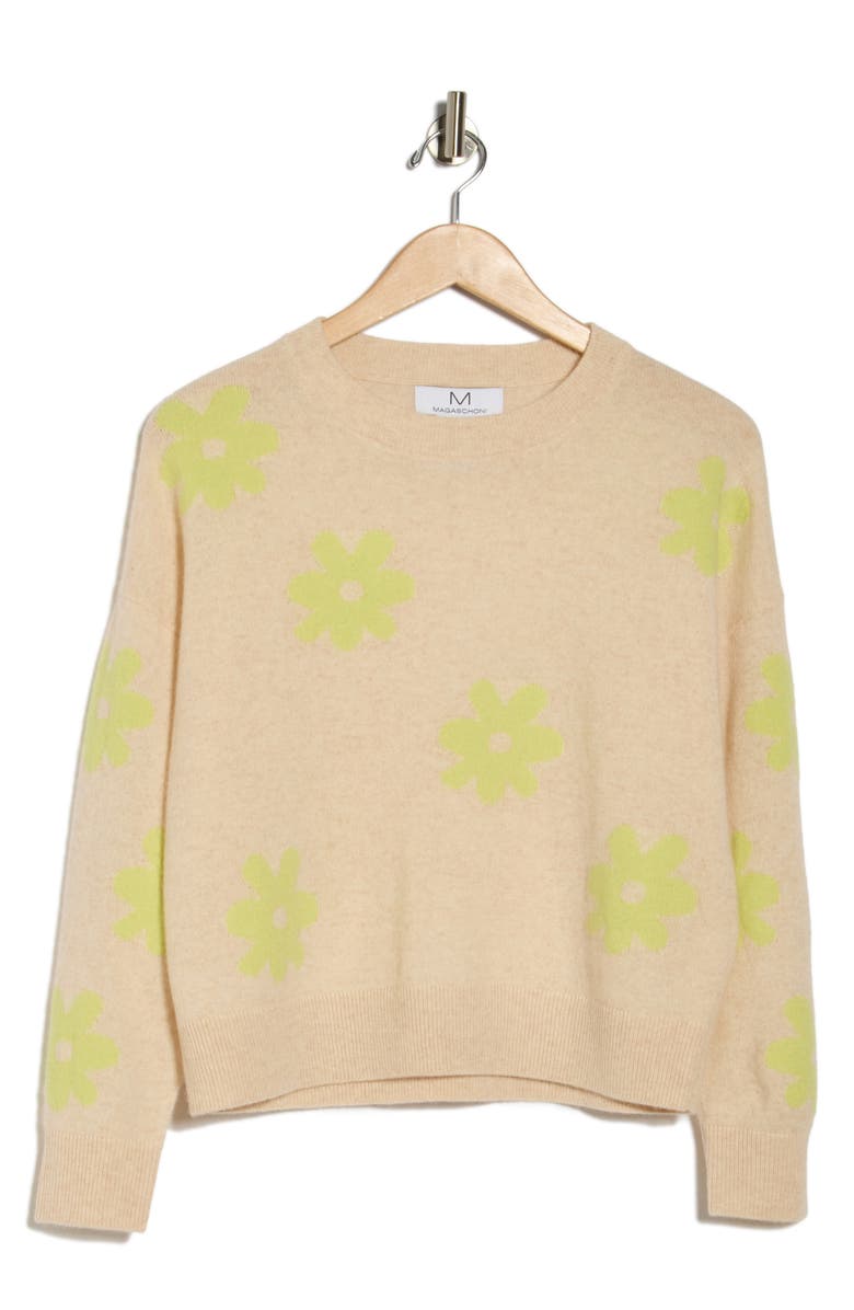 Magaschoni Floral Jacquard Cashmere Sweater, Alternate, color, Creamy Heather/ Sweet Matcha