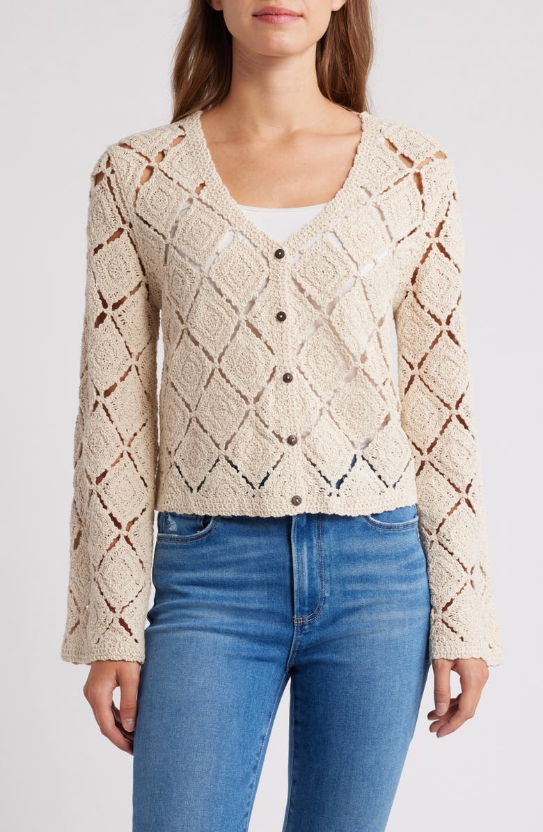 Bobeau Crochet Cardigan, Main, color, Light Oatmeal