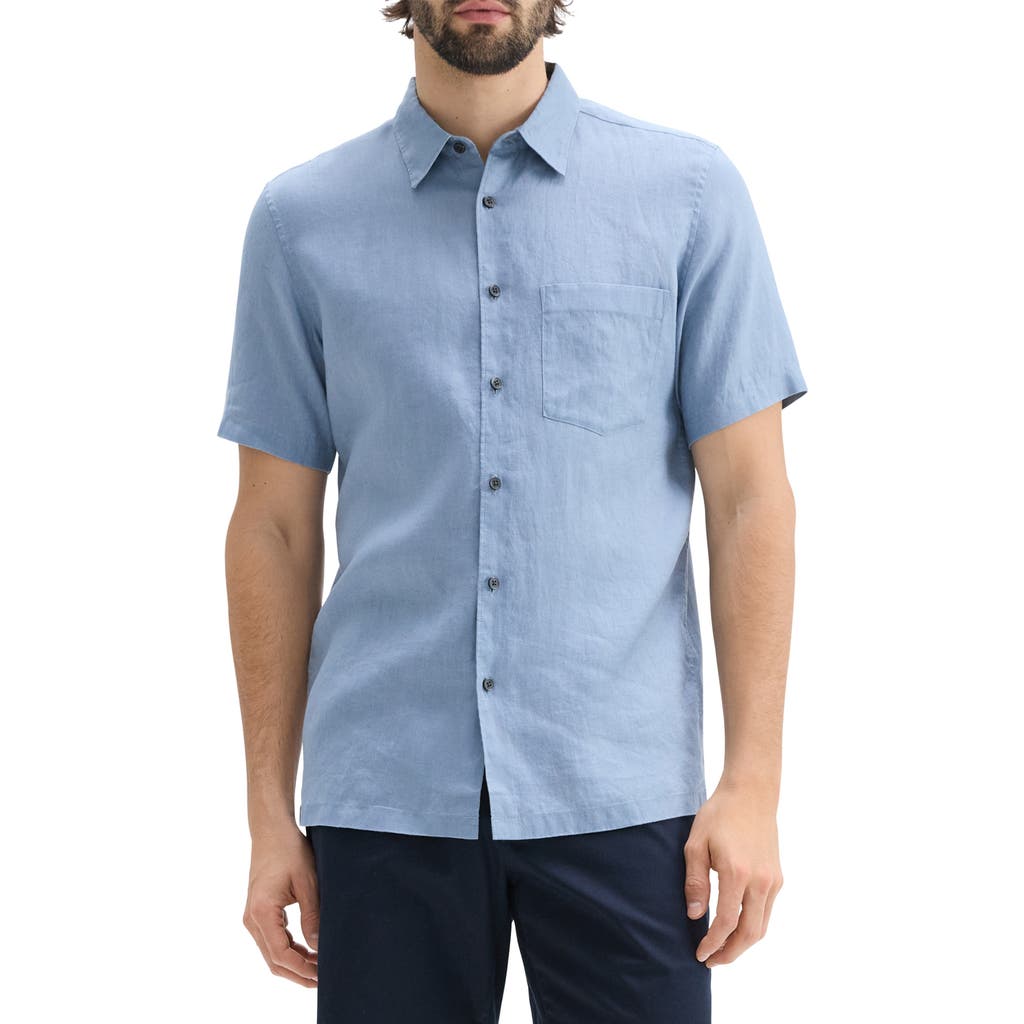 Theory Irving Solid Short Sleeve Linen Button-up Shirt In Rainstorm