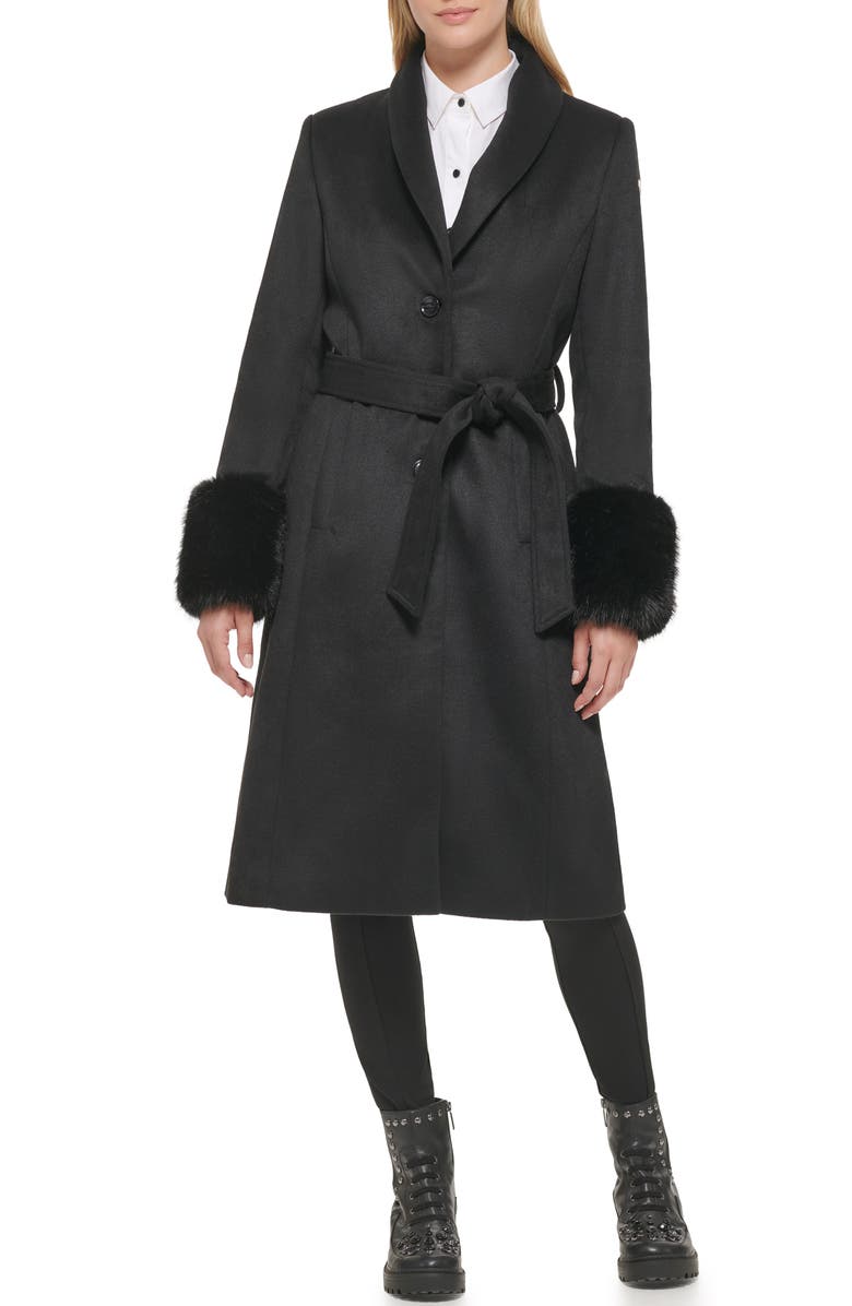 KARL LAGERFELD PARIS Longline Wool Blend Coat with Faux Fur Trim, Main, color, 