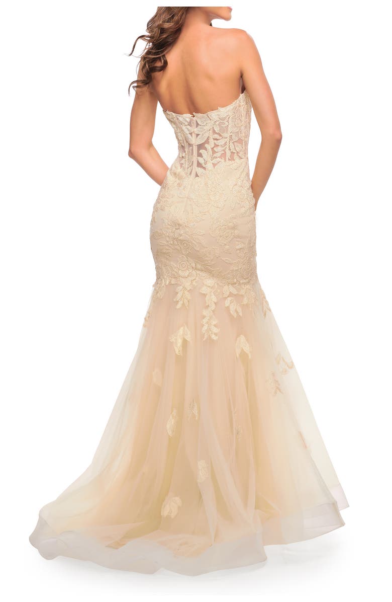La Femme Mermaid Strapless Elegant Lace and Tulle Gown, Alternate, color, Champagne