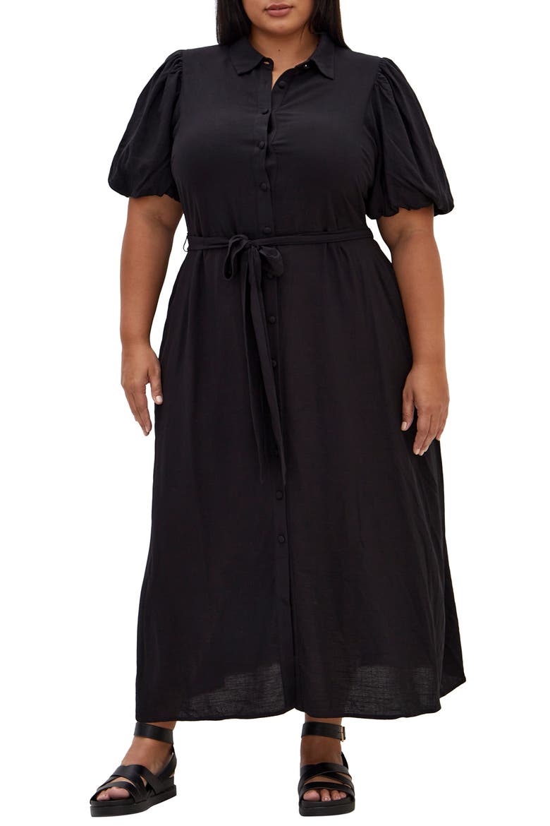 Freya Puff Sleeve Tie Belt Shirtdress, Main, color, BLACK