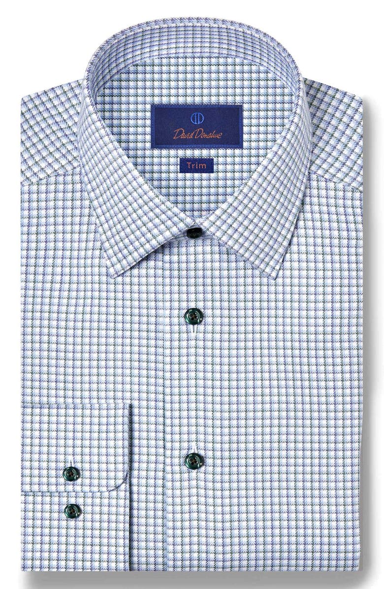 David Donahue Trim Fit Shadow Check Cotton Herringbone Dress Shirt, Main, color, Blue/ Green