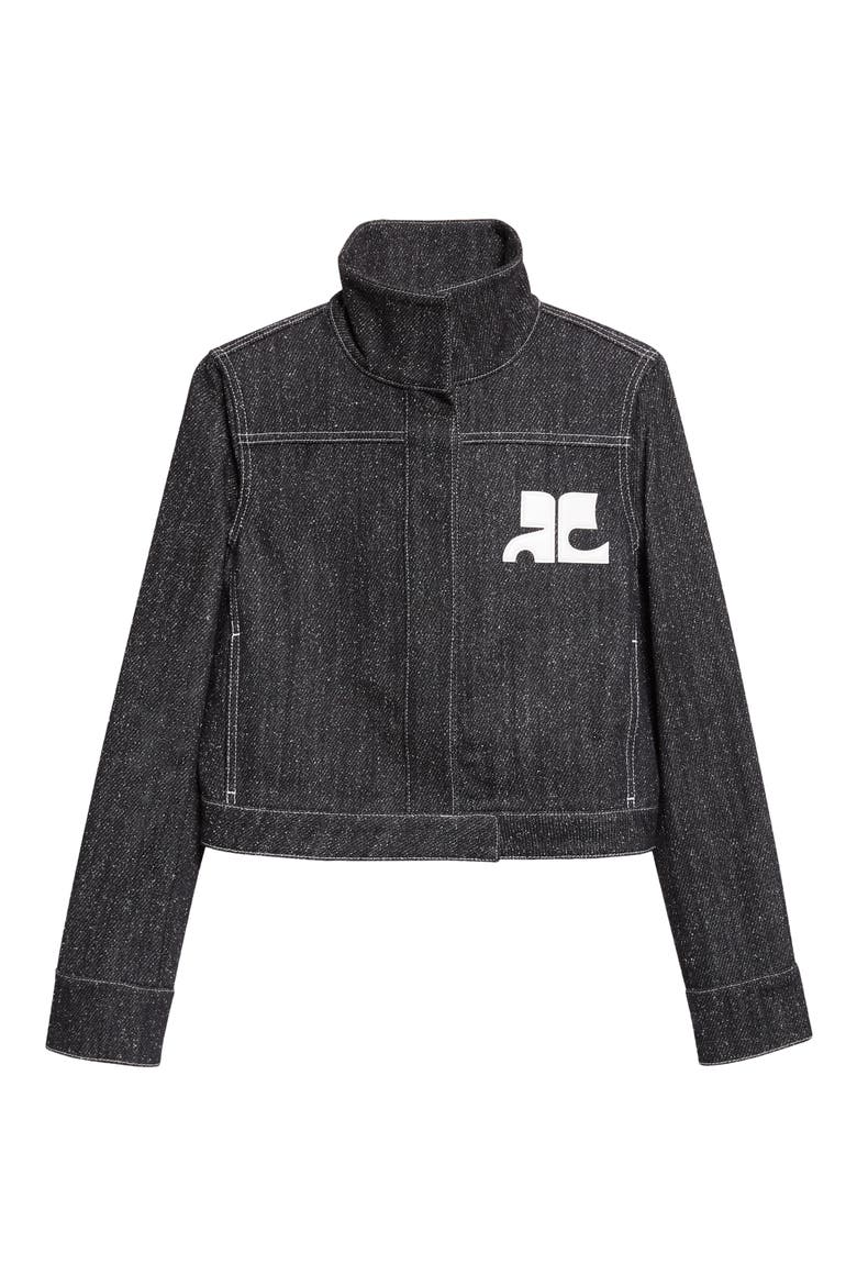 Crop Cotton Blend Denim Tweed Jacket, Main, color, BLACK/ HERITAGE WHITE