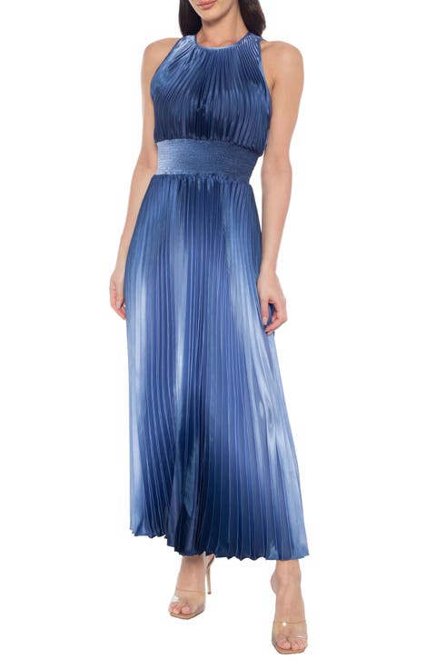 Ombré Sleeveless Pleated Satin Maxi Dress