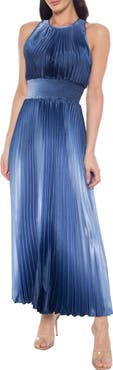 Marina Ombré Sleeveless Pleated Satin Maxi Dress