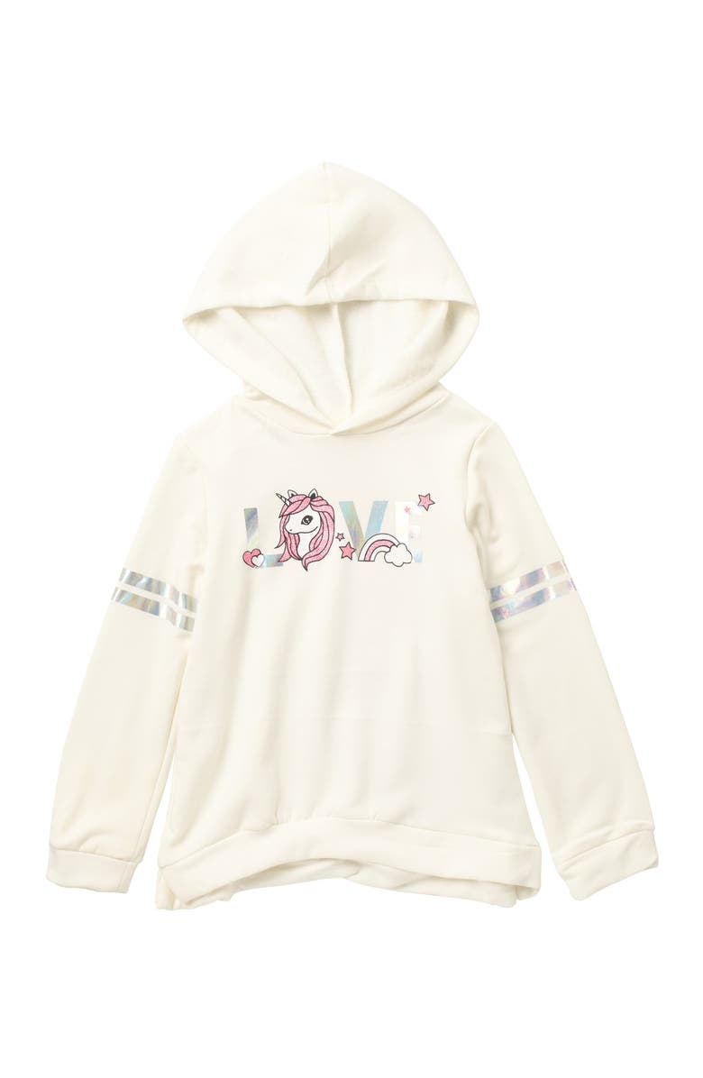 BTWEEN Love Unicorn Print Banded High/Low Pullover Hoodie, Main, color, 