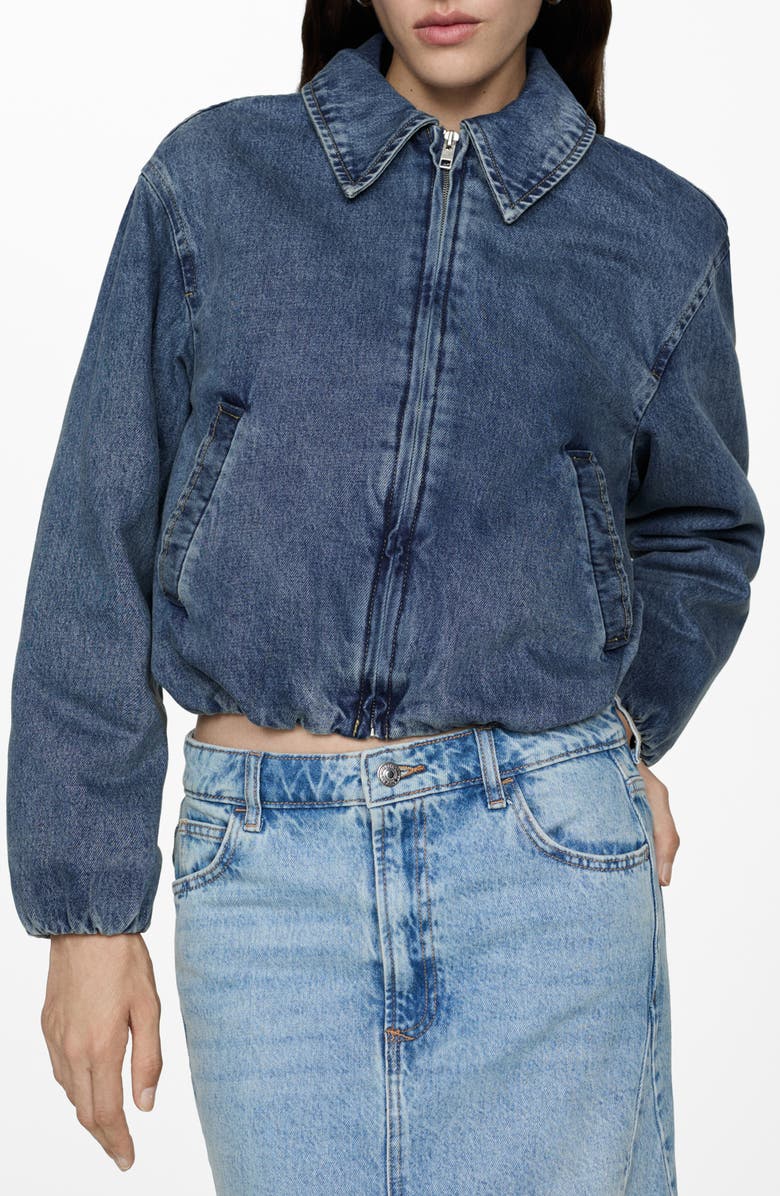 MANGO Crop Zip Lined Denim Bomber Jacket, Main, color,