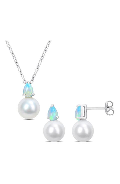 Opal & Freshwater Pearl Stud Earrings & Pendant Necklace Set