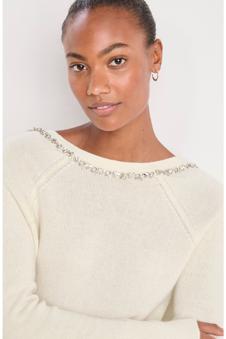 Rhinestone Embellished Wool Blend V-Neck Sweater, Alternate, color, MARSHMALLOW