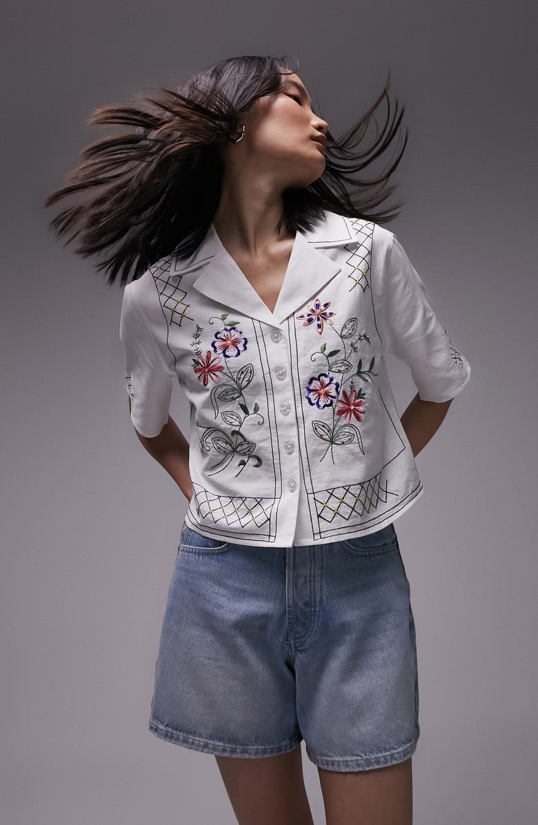 Topshop Embroidered Crop Cotton & Linen Shirt, Main, color, 