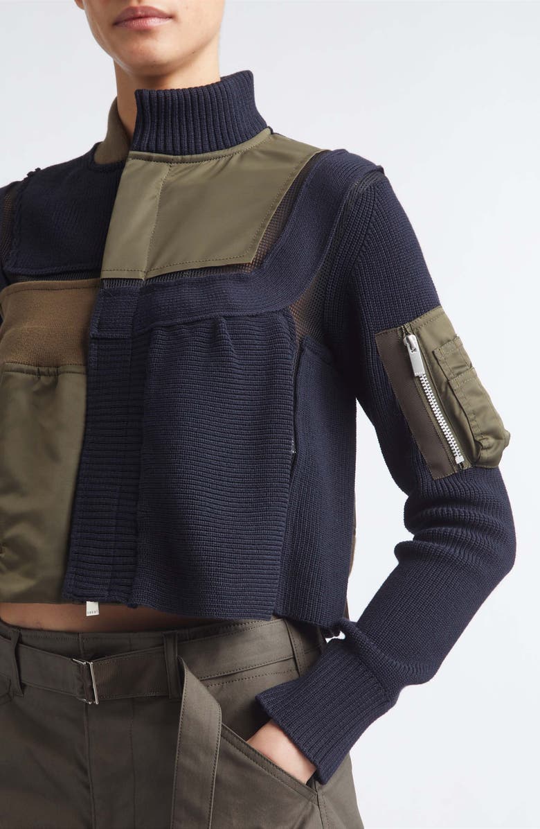 Sacai Patchwork Mixed Media Crop Jacket, Alternate, color,