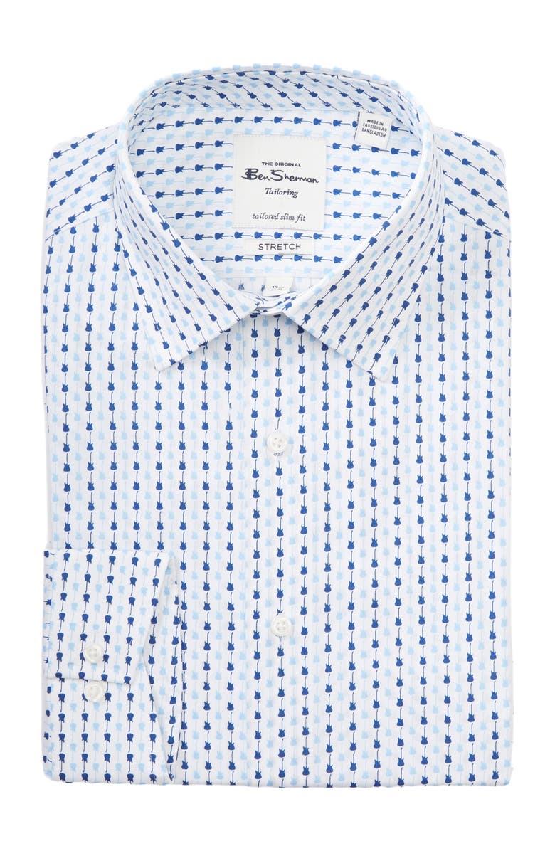 Ben Sherman Guitar Print Tailored Slim Fit Dress Shirt, Main, color, 