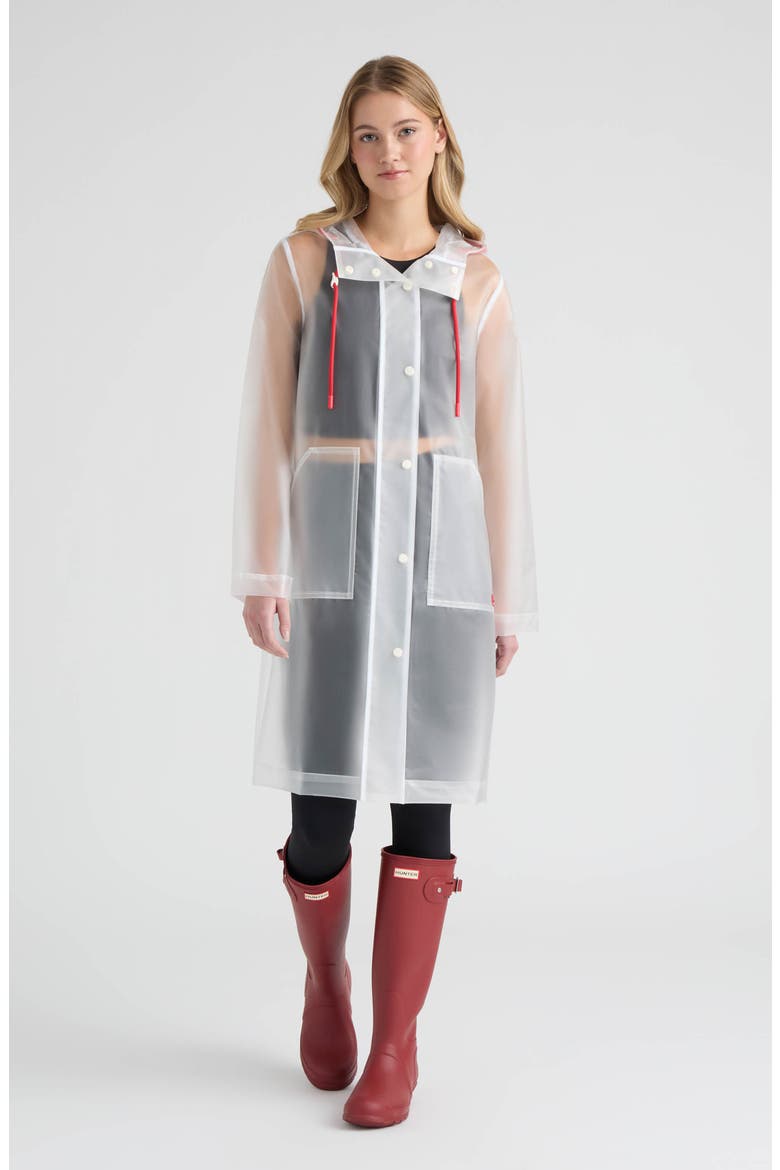 Alexa Waterproof Longline Matte Transparent Hooded Raincoat, Alternate, color, HUNTER WHITE