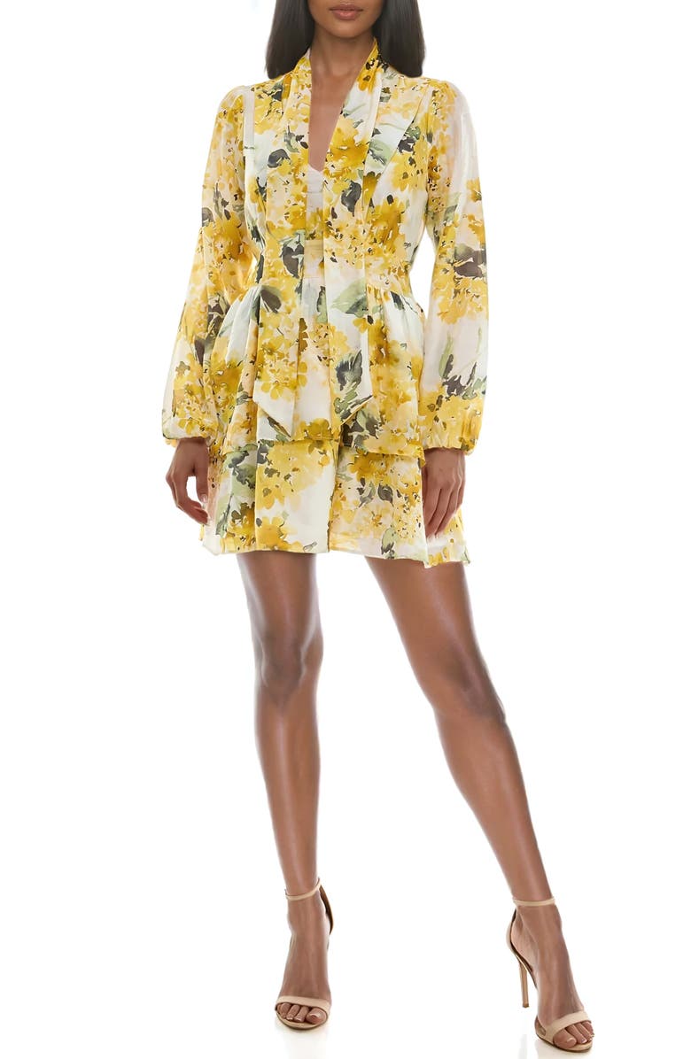 Socialite Floral Print Tiered Long Sleeve Minidress, Main, color, Yellow/ Sage