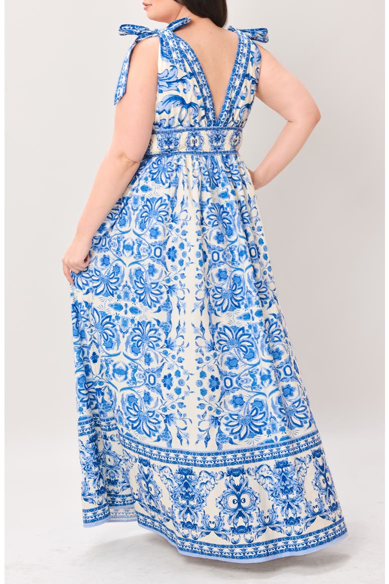 Tie Strap Smocked Waist Cotton Maxi Dress, Alternate, color, IVORY BLUE