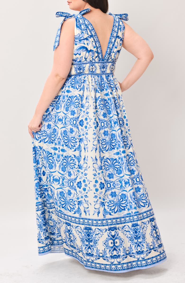 FLYING TOMATO Tie Strap Smocked Waist Cotton Maxi Dress, Alternate, color, Ivory Blue