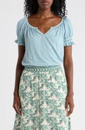 MAX STUDIO Topstitched Puff Sleeve Crepe Top