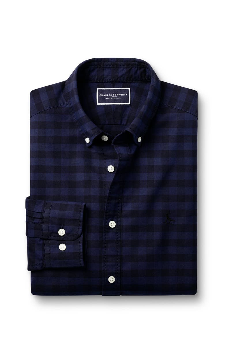 Slim Fit Button-Down Collar Washed Oxford Gingham Shirt, Alternate, color, Ink Blue
