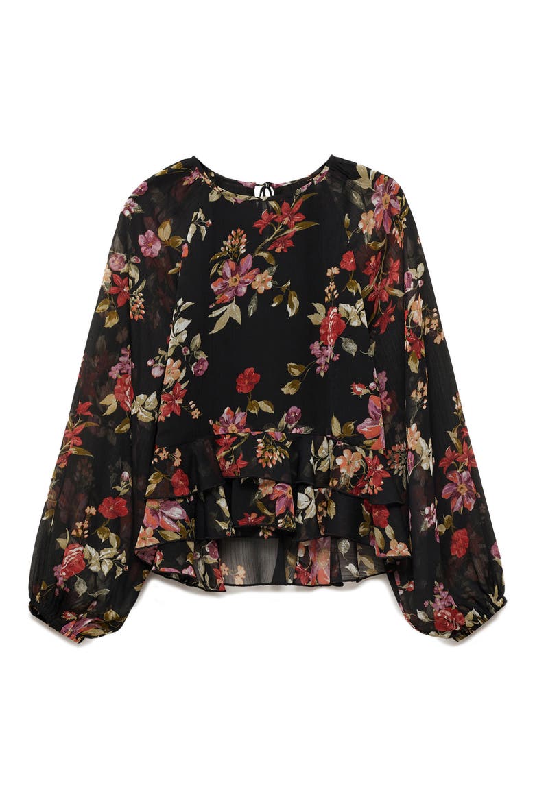 Floral Print Ruffle Shirt, Alternate, color, BLACK