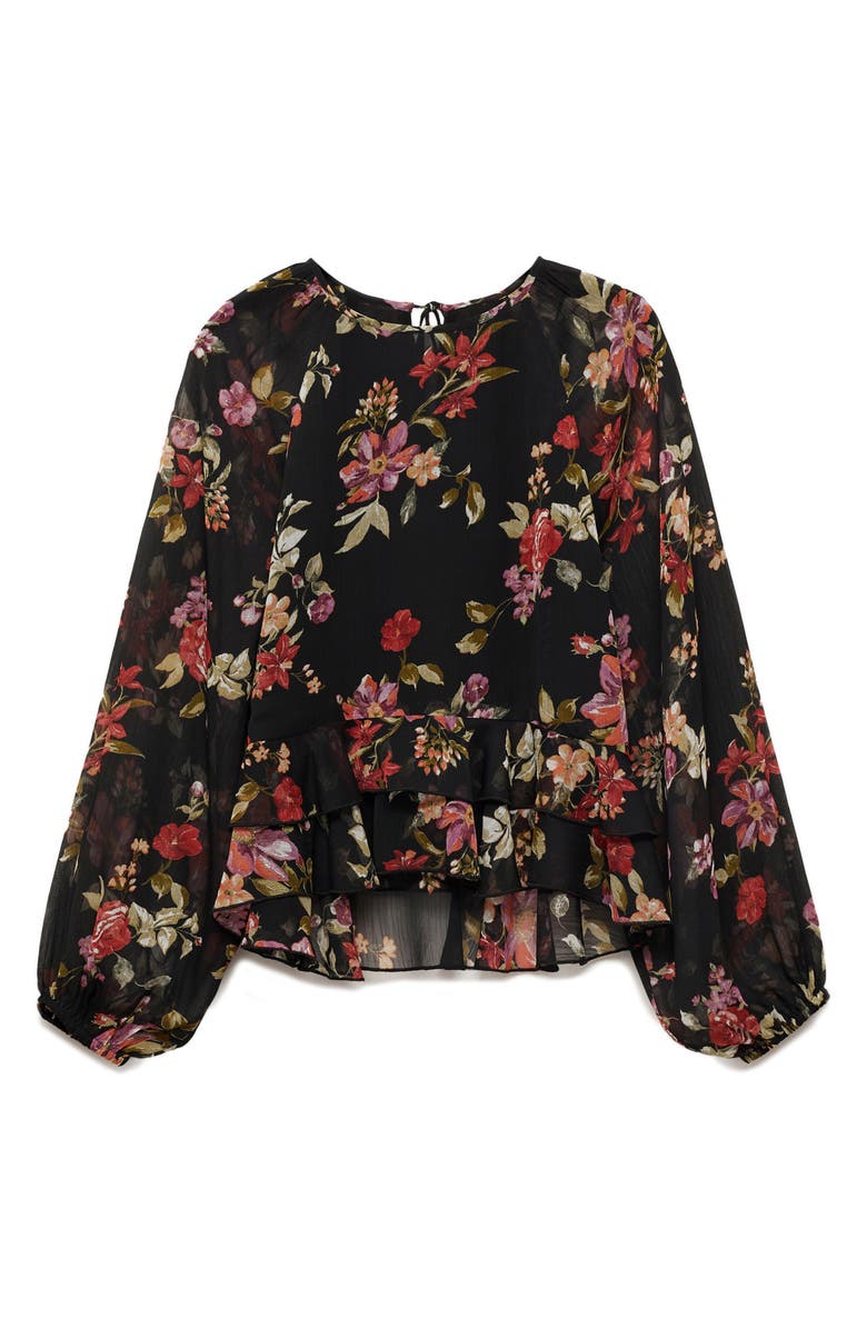 MANGO Floral Print Ruffle Shirt, Alternate, color, Black