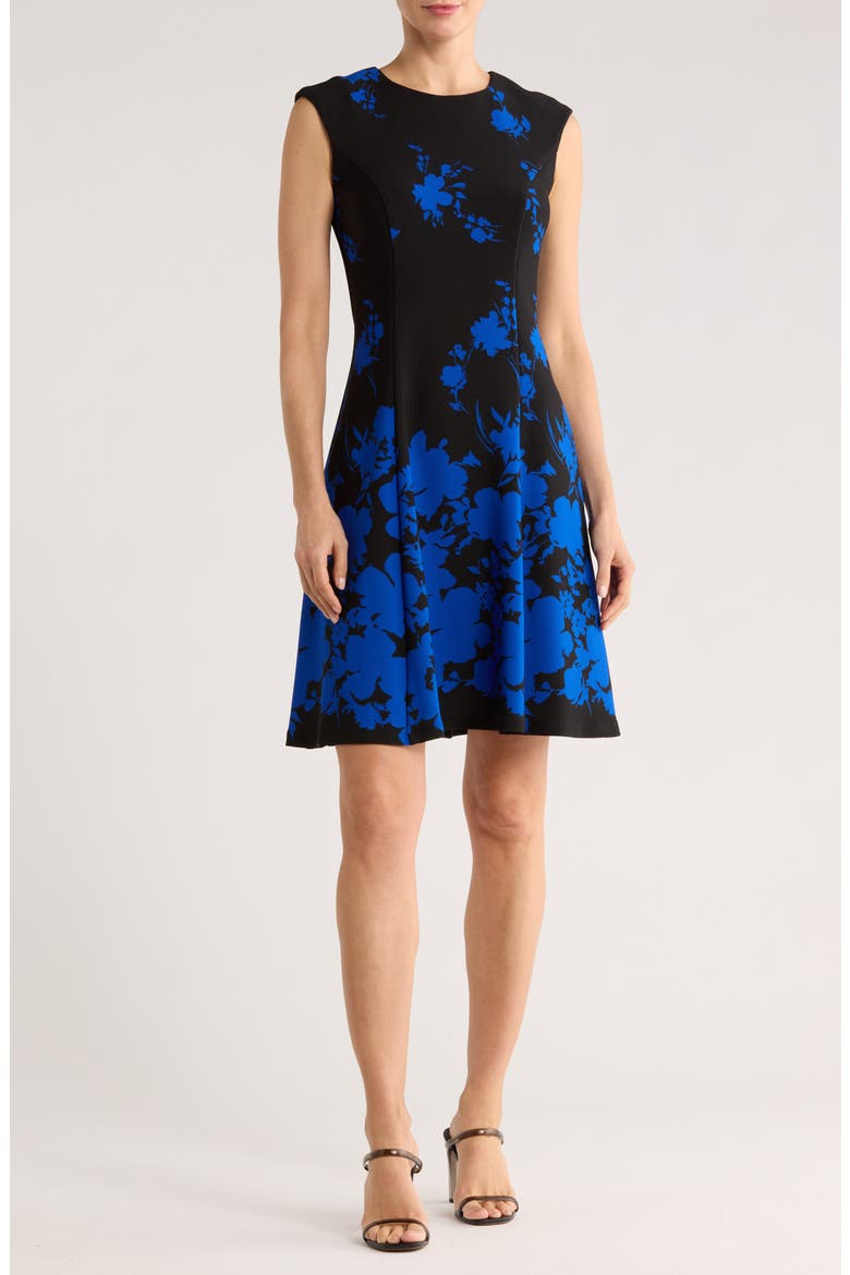 Floral Fit & Flare Dress, Main, color, SAPHIRE