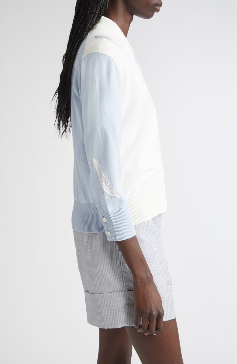 Thom Browne Fun-Mix 4-Bar Feather Intarsia Three Quarter Sleeve Cardigan, Alternate, color, Light Blue
