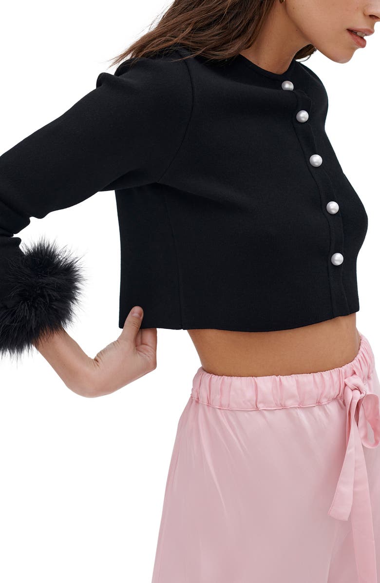 Sleeper Turkey Feather Trim Crop Lounge Cardigan, Alternate, color,