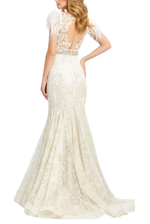 Mac Duggal Illusion Sequin Lace Feather Sleeve Mermaid Gown In Ivory Nude