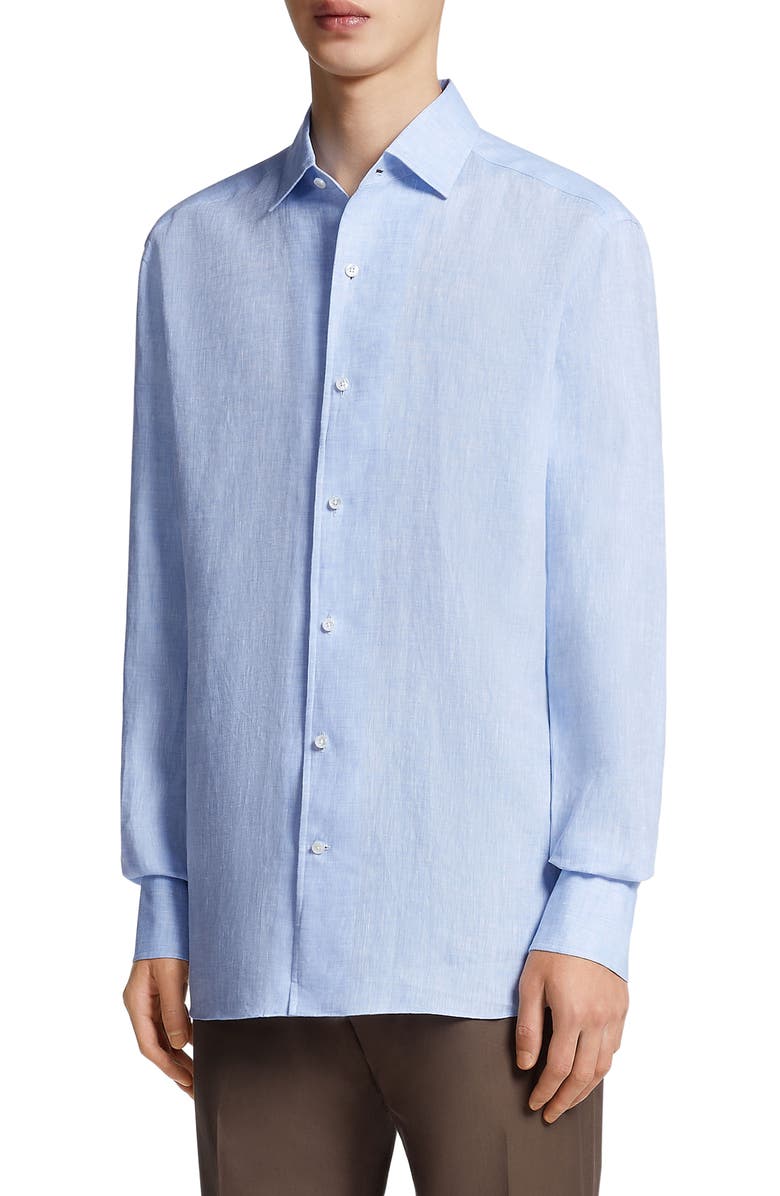 ZEGNA Luxury Linen Button-Up Shirt, Main, color, Light Blue