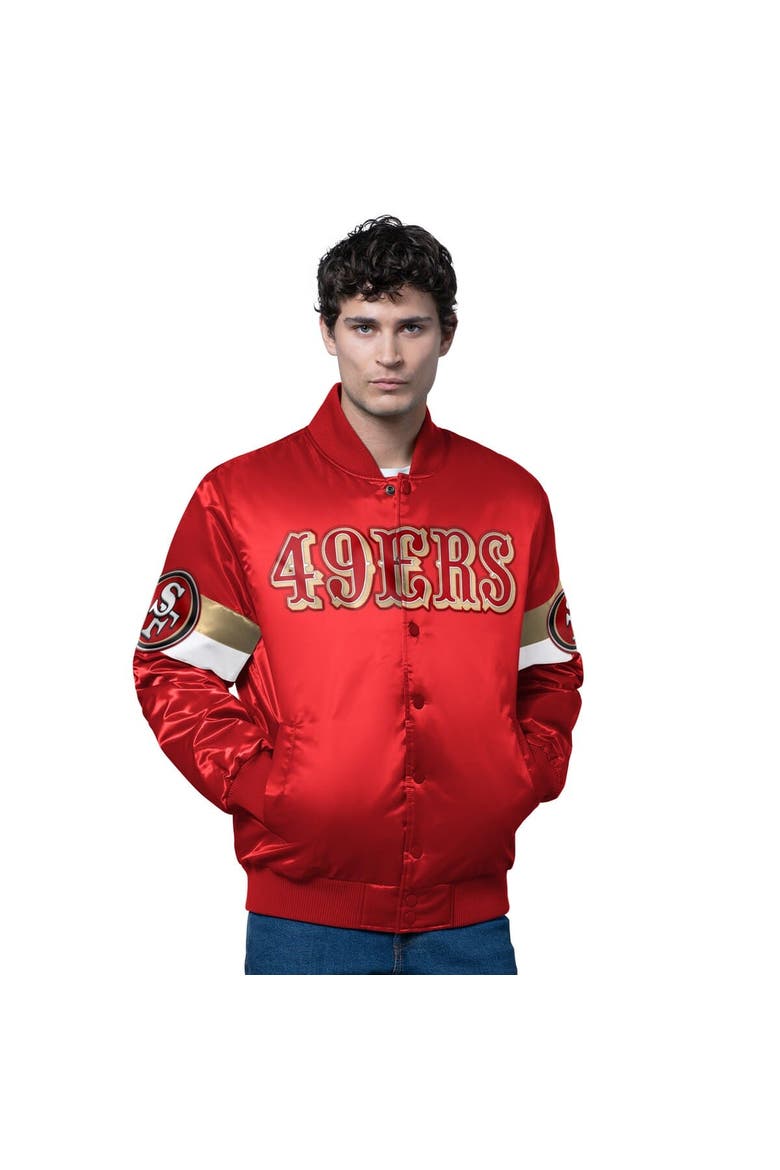 Men's Starter Scarlet San Francisco 49ers Triple Option Satin Varsity Full-Snap Jacket, Main, color, Scarlet