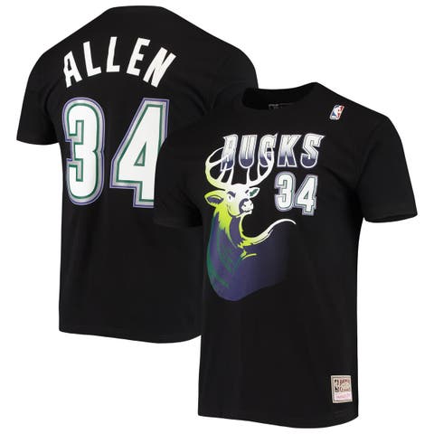 Men's Mitchell & Ness Ray Allen Black Milwaukee Bucks Hardwood Classics Stitch Name & Number T-Shirt