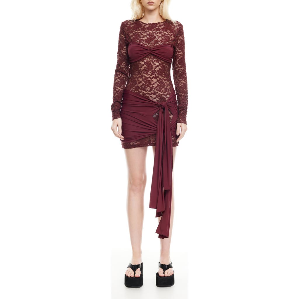 Lioness Midnight Long Sleeve Semisheer Lace Minidress In Burgundy