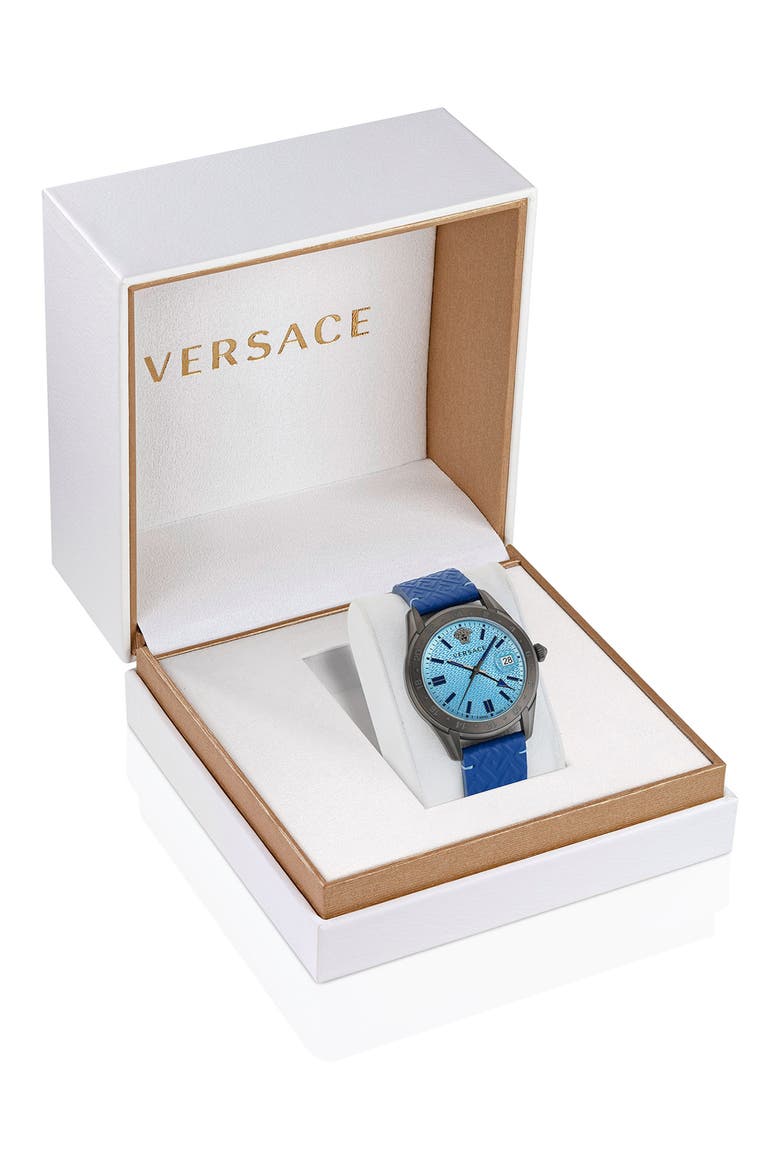 Greca Time Leather Strap Watch, 41mm, Alternate, color, GUN/ BLUE