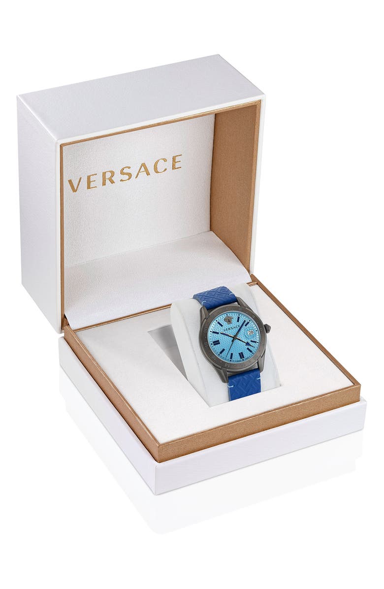 Versace Greca Time Leather Strap Watch, 41mm, Alternate, color, Gun/ Blue