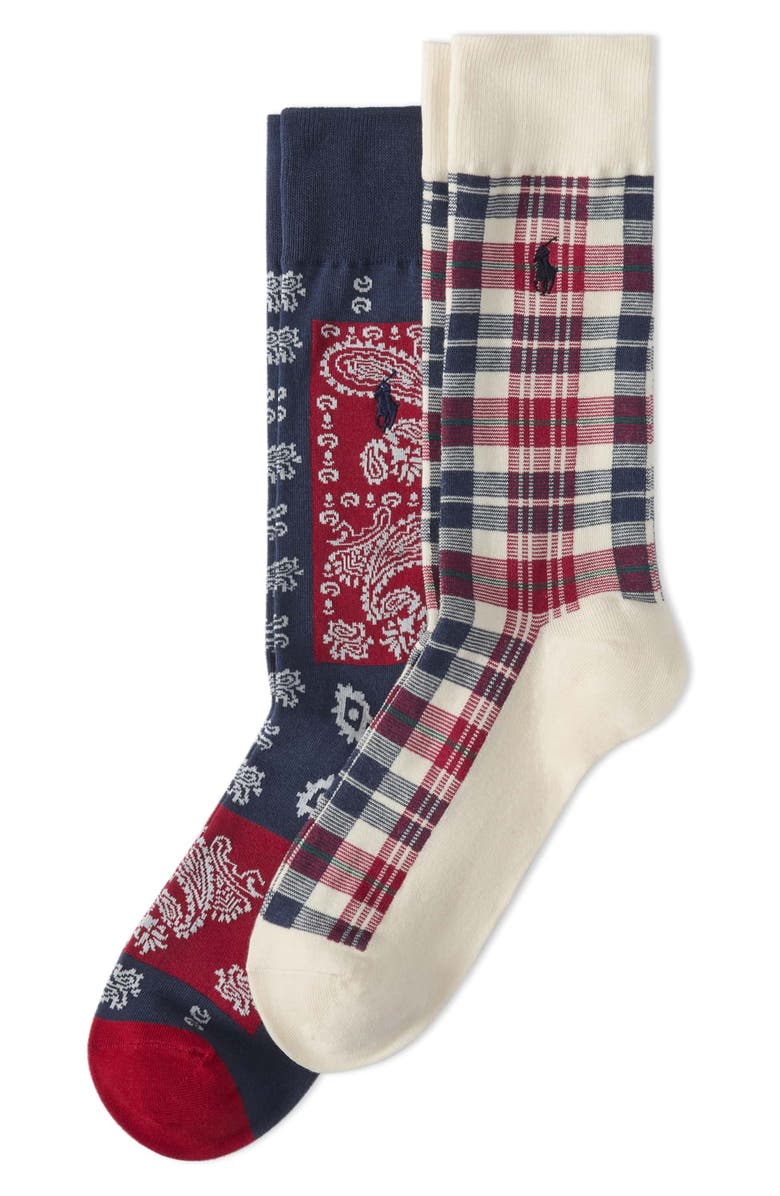 Polo Ralph Lauren Assorted 2-Pack Plaid & Bandana Crew Socks, Main, color, Cream