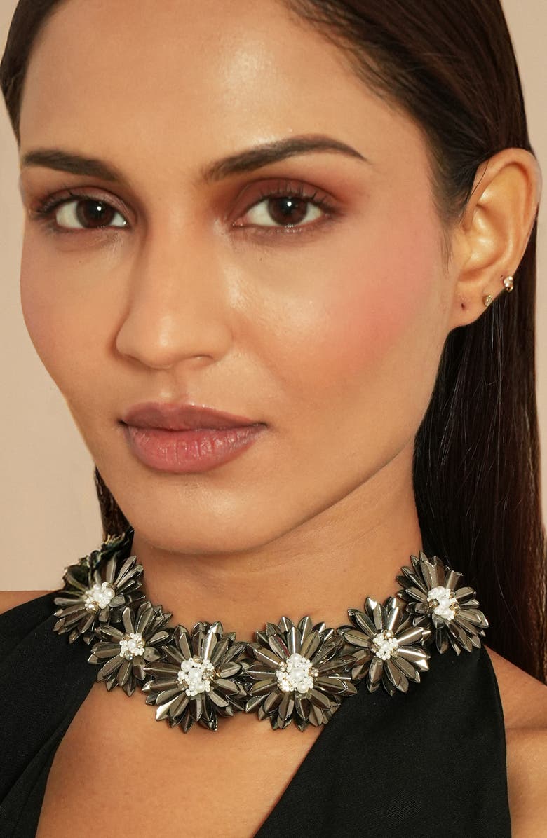 Deepa Gurnani Erena Flower Statement Necklace, Alternate, color, Gunmetal