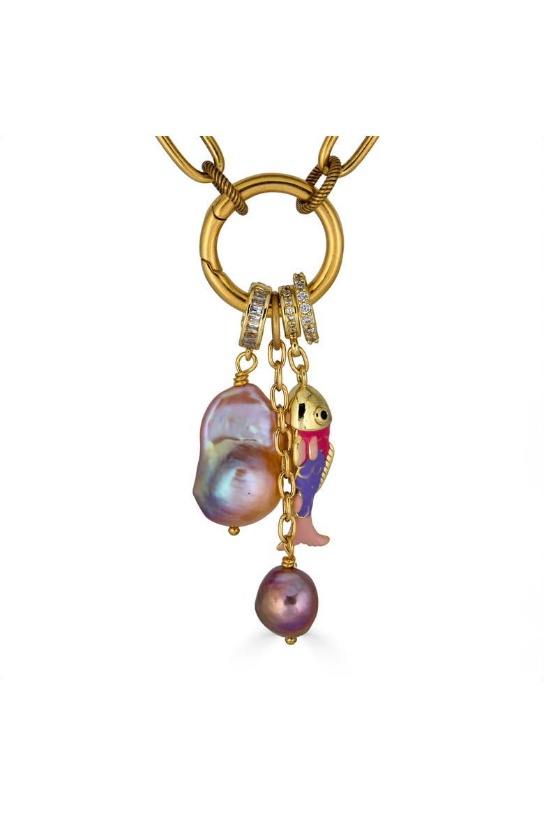 Peach Baroque Pearl Charm Cluster Necklace, Alternate, color, Gold