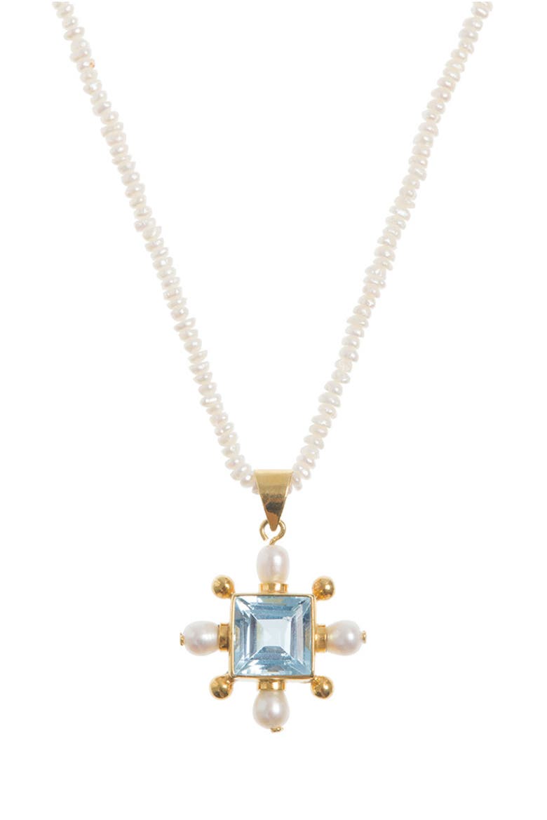 Seed Pearl Necklace with Blue Topaz Cross Pendant, Main, color, Ivory
