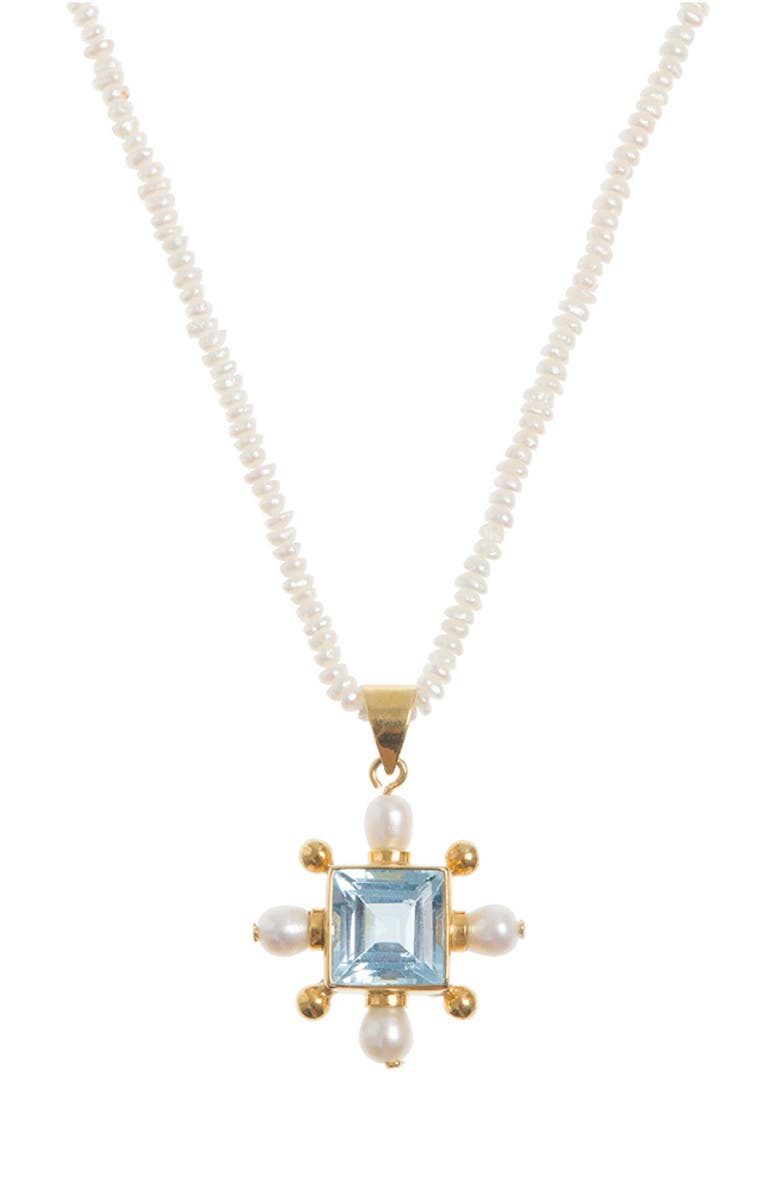 Freya Rose Seed Pearl Necklace with Blue Topaz Cross Pendant, Main, color, Ivory