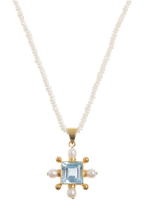 Seed Pearl Necklace with Blue Topaz Cross Pendant