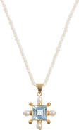 Freya Rose Seed Pearl Necklace with Blue Topaz Cross Pendant